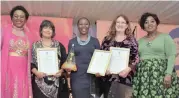  ??  ?? SCIENCE ACHIEVERS: Science and Technology Minister Mmamoloko Tryphosa Kubayi-Ngubane, with award winners Professor Soraya Bardien, Dr Evodia Setati, Professor Karen Esler, and guest Dr Bongi Ngema-Zuma.