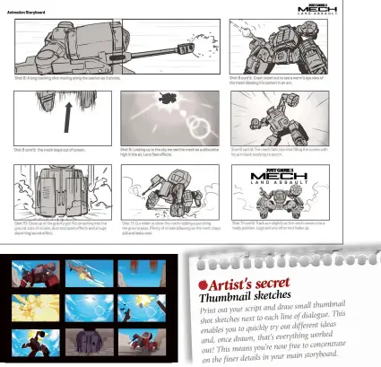  ??  ?? The board must describe the artist’s ideas for movement in still images. Arrows can help do this and the one in the fourth panel helps to describe the character’s jump out of screen.