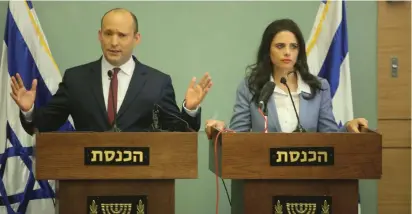  ?? (Marc Israel Sellem/The Jerusalem Post) ?? EDUCATION MINISTER Naftali Bennett and Justice Minister Ayelet Shaked deliver statements to members of the media at the Knesset yesterday.