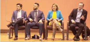  ?? NADER ISSA/SUN-TIMES ?? Byron Sigcho-Lopez (from left), Hilario Dominguez, Aida Flores and Troy Antonio Hernandez — four of the five candidates vying to replace Ald. Danny Solis — face off Tuesday at a Pilsen forum.