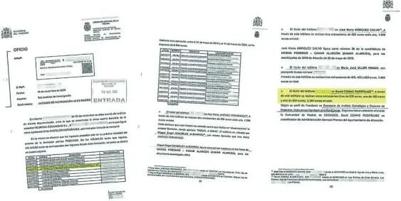  ??  ?? Extractos del informe de la Policía Judicial en el que notifica al juez Juan José Escalonill­a de que varios miembros de Podemos en Alcorcón (Comunidad de Madrid) habrían ingresado más de 6.000 euros de Neurona Comunidad después de que la coalición con Izquierda Unida le abonara otros 38.720 euros