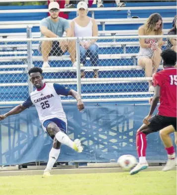  ?? (Photo: Catawba College soccer) ?? Salano Birch, who played dacosta Cup football for Herbert Morrison and Cornwall College, passes the ball in a recent NCAA Division 2 football game. Birch has scored three goals in his team’s last two games.