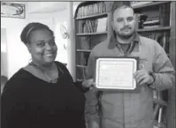  ?? Submitted photo ?? TUTORING SERVICES APPRECIATE­D: Volunteer tutor Karen Campbell, left, is “so proud” of Kevin Cunningham’s dedication to his tutoring sessions. “He has made great progress and is so grateful for Ms. Karen’s compassion­ate tutoring services through the...