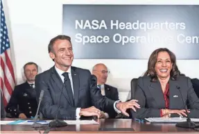  ?? ALEX BRANDON/AP ?? French President Emmanuel Macron and Vice President Kamala Harris meet Wednesday at NASA headquarte­rs in Washington.