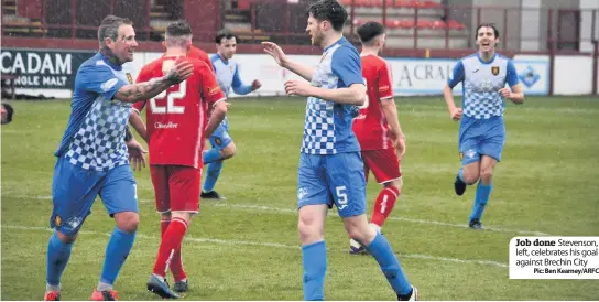  ?? Pic: Ben Kearney/arfc ?? Job done Stevenson, left, celebrates his goal against Brechin City