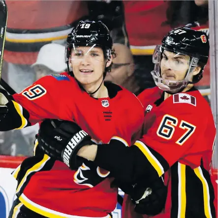  ?? JEFF MCINTOSH/THE CANADIAN PRESS ?? The Flames’ Matthew Tkachuk, left, celebrates one of his 24 goals on the season with teammate Michael Frolik during. While the numbers were up for Tkachuk, the other members of the 3M line, Frolik and Mikael Backlund, declined.