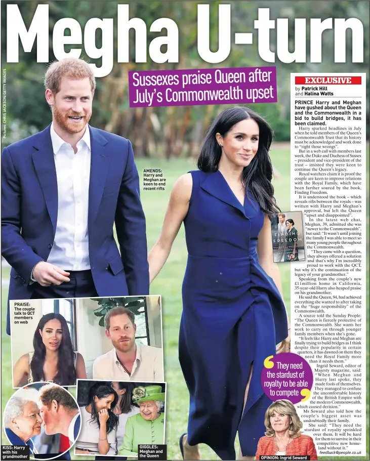  ??  ?? PRAISE: The couple talk to QCT members on web
KISS: Harry with his grandmothe­r
AMENDS: Harry and Meghan are keen to end recent rifts
GIGGLES: Meghan and the Queen
OPINION: Ingrid Seward