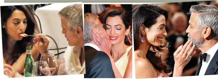  ??  ?? Taste this: George feeds Amal while eating out in Las Vegas Cheek to cheek: A smooch in Cannes The tenderest touch: Their public love-in last Thursday