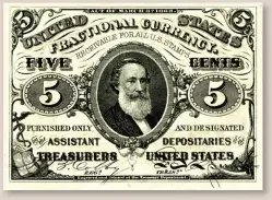  ?? ?? Five-cent Fractional Currency note with Spencer Clark portrait.