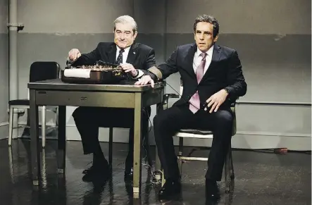  ?? WILL HEATH/NBC ?? Robert De Niro, as Robert Mueller, left, and Ben Stiller, as Michael Cohen, guest-starred in an April skit that winked to a scene from their 2000 movie Meet the Parents.