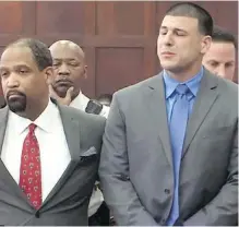  ??  ?? In this image taken from video, Aaron Hernandez, right, chokes back tears while Friday’s verdicts are read in court. Defence attorney Ronald Sullivan, left, said the jury was able to see through the “smoke and mirrors” of the prosecutio­n’s case.