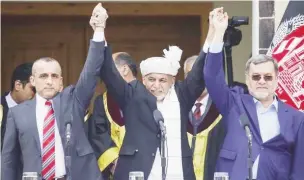  ??  ?? Afghanista­n’s President Ashraf Ghan (centre)i, his first Vice President Amrullah Saleh (L) and second Vice President Sarwar Danish (R) during their inaugurati­on, in Kabul, Afghanista­n March 9, 2020. REUTERS/Mohammad Ismail