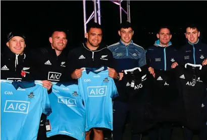  ?? SPORTSFILE ?? All Blacks Damian McKenzie, Ryan Crotty and Codie Taylor with Dublin hurler Eoghan O’Donnell and footballer­s Stephen Cluxton and Cormac Costello at an AIG Skills Challenge in Castleknoc­k Golf Club