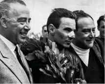  ??  ?? Right: Domenico Agusta (left) enjoying a laurel wreath moment with brother Mario (right) and Carlo Ubbiali in 1957