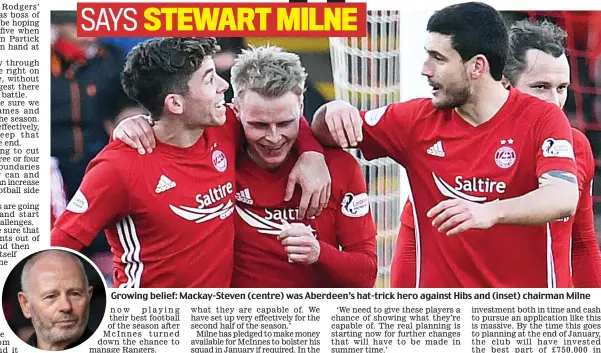  ??  ?? Growing belief: Mackay-Steven (centre) was Aberdeen’s hat-trick hero against Hibs and (inset) chairman Milne