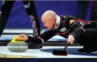  ?? Canadian Press photo ?? Skip Kevin Koe releases his first rock during the fourth end of the men’s final of the Humpty’s Champions Cup against Team Bottcher in Saskatoon, Sask., on April 28, 2019. The defending Brier champ will skip the Canada entry when the main draw begins Saturday at the Leon’s Centre.