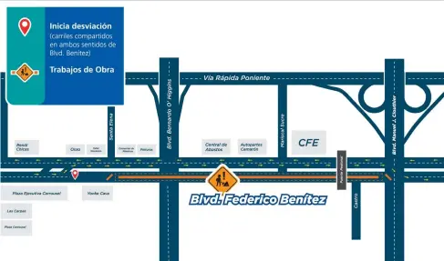  ??  ?? • Mapa del sitio en el que se realizará la obra y el tramo que permanecer­á cerrado.