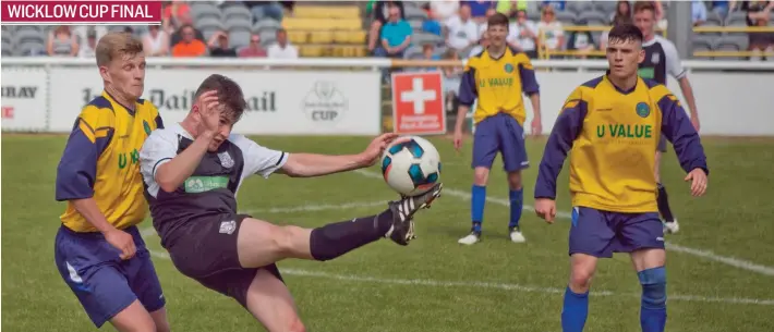  ??  ?? Action from 2018 Wicklow Cup Final betweeen Newtown and Glencormac United FC. Sadly the Glens lost out on the day. Hard luck lads. WICKLOW CUP FINAL