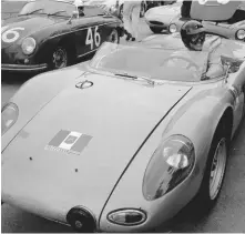  ??  ?? Below left: In the nonchampio­nship F1 race at Solitude a week after Rouen Gurney was at his best on a demanding circuit, taking the win.
Below: Gurney looks pleased with a powerful version of his 718 Spyder for the Targa Florio in
1962 but its novel and erratic brakes contribute to his race-ending encounter with a bridge parapet.