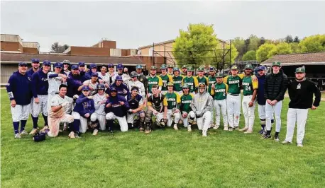  ?? Contribute­d photo ?? The Westhill and Hamden baseball teams come together after their game to show support for Westhill players ruled ineligible to play.