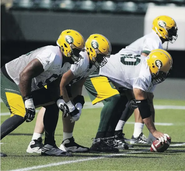  ?? GREG SOUTHAM ?? The Eskimos offensive line practises Tuesday in preparatio­n for Friday’s big first-place battle against the B.C. Lions.