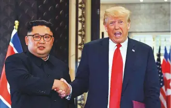  ?? AFP ?? Kim Jong-un and Donald Trump after their historic US-North Korea summit, at the Capella Hotel on Sentosa island in Singapore, on June 12, 2018.