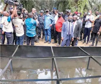  ?? ?? Wike ( middle) during inspection of Illegal bunkering sites in the state… yesterday.