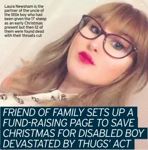  ?? ?? Laura Newsham is the partner of the uncle of the little boy who had been given the 17 sheep as an early Christmas present but then 12 of them were found dead with their throats cut