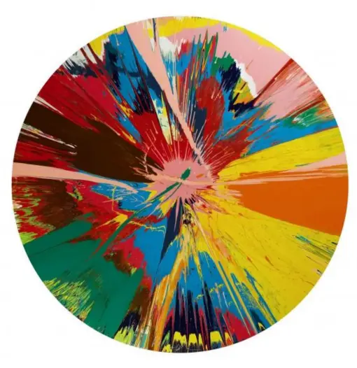  ??  ?? Damien Hirst, ‘Beautiful, Shattering, Slashing, Violent, Pinky, Hacking, Sphincter Painting’, 1995