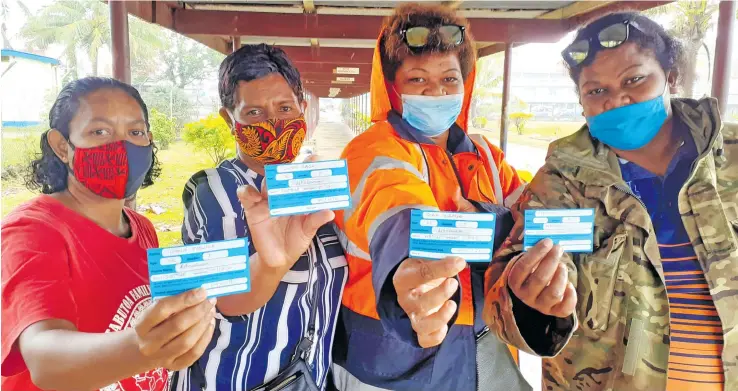  ?? Photo: Ronald Kumar ?? Beqa Island based Sawau District School teachers, Radilaite Turaga, Giria Turaga, Luisa Nunakoro and Ioana Talebula after having their first jab of AstraZenec­a vaccine in Navua on July 10, 2021.