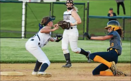  ?? AUSTIN HERTZOG - DIGITAL FIRST MEDIA ?? Upper Perkiomen’s Jenna Sullivan, left, steals second base as Nanticoke shortstop Gabby Rakowski applies the tag during a PIAA 4A first round game Monday at Methacton.