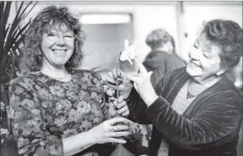  ?? 01_B13twe04 ?? Lesley van Bogerijen was the horticultu­ral society’s bulb show champion last Saturday. Lesley’s mother Dorothy, right, said the judges loved Lesley’s own bred narcissus.