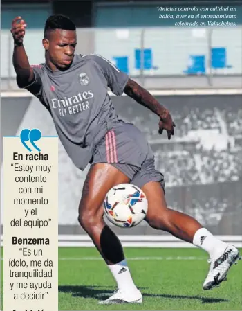  ??  ?? Vinicius controla con calidad un balón, ayer en el entrenamie­nto celebrado en Valdebebas.