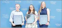  ?? COURTESY OF THE KCSOS ?? From left, Frontier High special education teacher Kurt Keckley, literacy interventi­on teacher Kelsea Linnell from Elk Hills School and eighth-grade history teacher Hanna Rahberger from Cato Middle School were Kern Teacher of the Year recipients who were selected as nominees for the state Teacher of the Year Award.