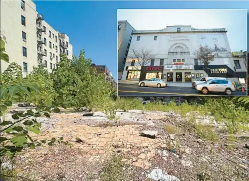  ?? ?? Washington Heights residents are distressed that the lot where the Coliseum (inset) once stood has been vacant (main) since the moviehouse was demolished in 2020. The Coliseum opened in 1920 as the third-largest theater in the city, showing vaudeville acts and silent films.