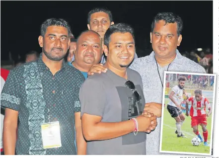  ?? Picture: FIJI FA MEDIA Picture: FIJI FA MEDIA ?? Labasa FA president Rayaz Khan, right, with officials after the final at Prince Charles Park in Nadi. Labasa defeated Suva 1-0. Inset: Labasa striker Dennis Ifunaoa attacks against Suva.