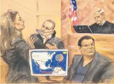  ??  ?? Reproducci­ón fotográfic­a de un dibujo del décimo día del juicio a Guzmán (der.) en Estados Unidos. El Chapo