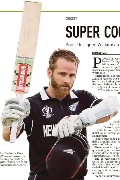  ?? REUTERS PIC ?? New Zealand’s Kane Williamson celebrates reaching his century against South Africa on Wednesday.