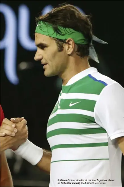  ?? FOTO REUTERS ?? Goffin en Federer stonden al zes keer tegenover elkaar. De Luikenaar kon nog nooit winnen.