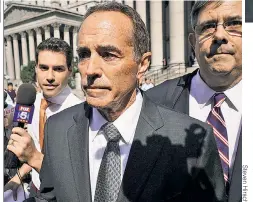  ??  ?? SHORT CALL: Rep. Chris Collins (inset left) leaves Manhattan federal court Wednesday after his arraignmen­t on insidertra­ding charges linked to a phone call the Trump ally made from the White House lawn (circled) when he allegedly told his son a stock was about to tank.