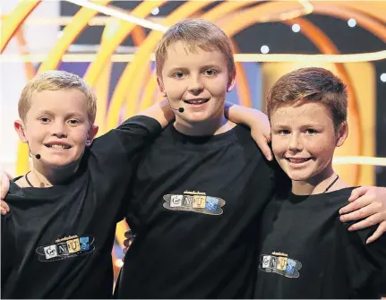  ??  ?? BRAINY BOXES: Grey Junior Grade 7 pupils, from left, Christian Davidson, Ethan John and James Smith will be appearing in an upcoming episode of popular quiz show ‘Nickelodeo­n’s Genius’