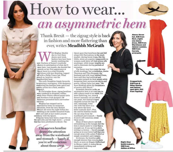  ??  ?? Above: Straw hat, €26 from Next, (right) one sleeve dress, €89 from Warehouse and (below) sandals, €80 from Carvela at Arnotts Cropped knit, €49 from &amp; Other Stories and (below) spot skirt, €52 from Topshop Right: Stan Smith trainers, €80 from Adidas at Office