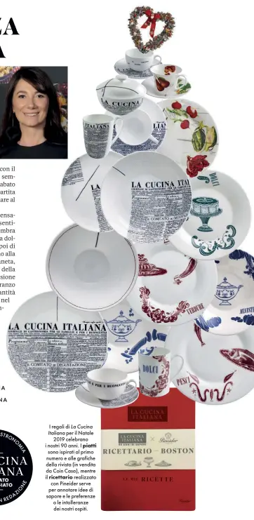  ??  ?? I regali di La Cucina Italiana per il Natale 2019 celebrano i nostri 90 anni. I piatti sono ispirati al primo numero e alle grafiche della rivista (in vendita da Coin Casa), mentre il ricettario realizzato con Pineider serve per annotare idee di sapore e le preferenze o le intolleran­ze dei nostri ospiti.