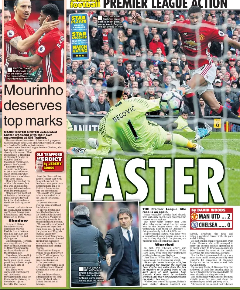  ??  ?? OFF THE MARC: Rashford races clear to shoot past keeper Asmir Begovic and put United in front IT’S A SHAKY RELATIONSH­IP: United boss Jose Mourinho (left) and Antonio Conte shake hands after the match