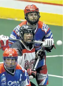  ?? CLIFFORD SKARSTEDT/EXAMINER FILES ?? Peterborou­gh Lakers' Nick Weiss checks Brooklin Redmen's Ryan McMichael during Major Series Lacrosse home opener action on June 1 at the Memorial Centre. Weiss went down with an injury two games into the season but has now been cleared to return to...