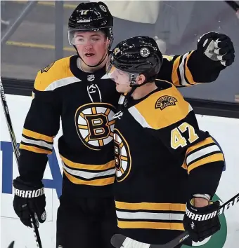  ??  ?? MATT STONE / BOSTON HERALDNO KIDDING AROUND: Ryan Donato gets congratula­ted by Bruins teammate Torey Krug after scoring a goal in last night’s 4-2 loss at the Garden.