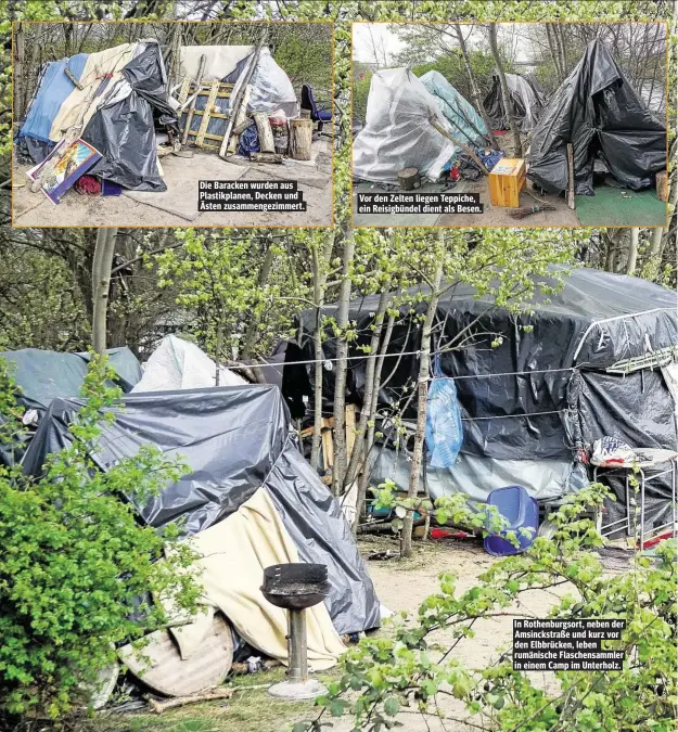  ??  ?? In Rothenburg­sort, neben der Amsinckstr­aße und kurz vor den Elbbrücken, leben rumänische Flaschensa­mmler in einem Camp im Unterholz.