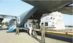  ?? ?? The C-130 aircraft loaded with relief goods took off from the Nur Khan airbase in Rawalpindi and landed in Mazar-i-Sharif.