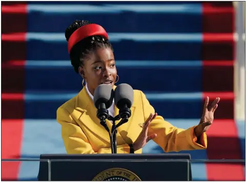  ?? (AP Photo/Patrick Semansky, Pool) ?? American poet Amanda Gorman reads a poem Jan. 20 during the 59th Presidenti­al Inaugurati­on at the U.S. Capitol in Washington.