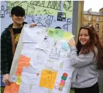  ??  ?? Keira Groves, above left, Logan Graham and Lauren Gaffney, above, while left, work on the mural and a message to explain the creation